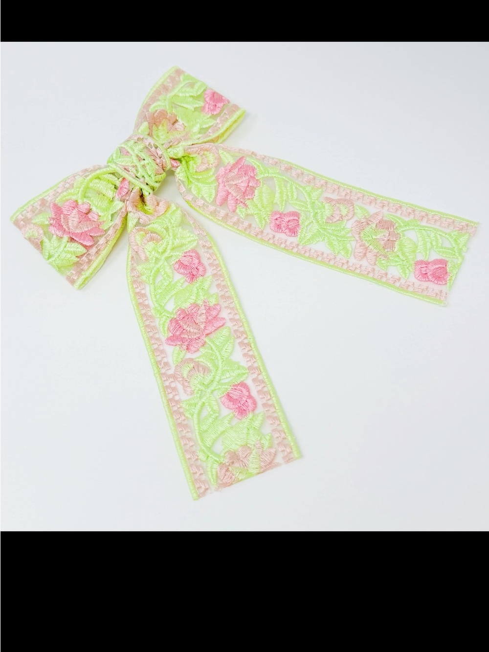 Floral Embroidered Hair Bow in Pink & Lime